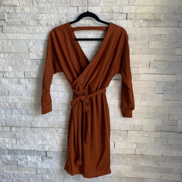 Burnt Orange Long Sleeve Ribbed Dress - Picture 3 of 6